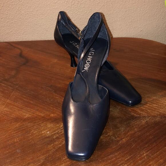 J G JG Hooks Preppy Academia Old Money Edgy Square Toe Blue Stacked Kitten Heels - Picture 1 of 11